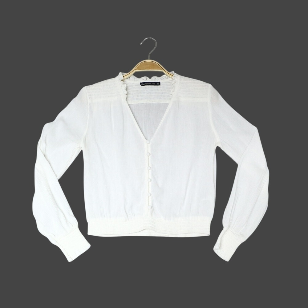 Abercrombie & Fitch Smocked V-Neck Button Blouse XS White Boho Cottagecore Top